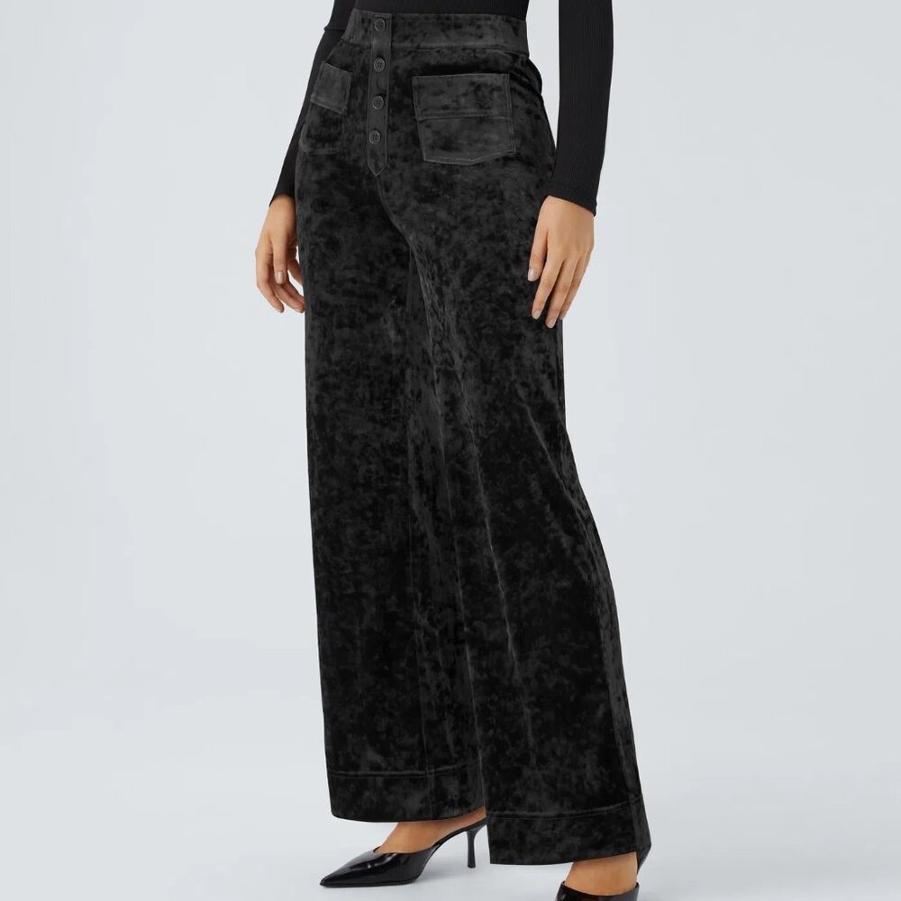 High Waisted Pockets Straight Leg Velvet Casual Pants